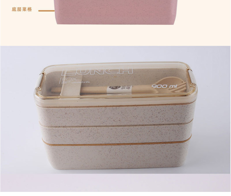 100% Food Grade Material Wheat Straw Leak Proof 3 Layer Food Container kids Lunch Box with Spoon And Fork